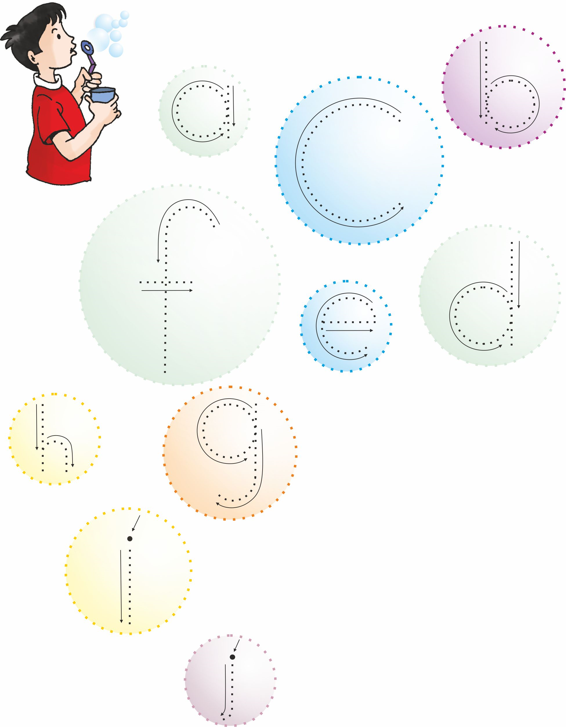 A child blowing bubbles from his mouth and dotted letters a, b, c, d, e and f to be traced.
