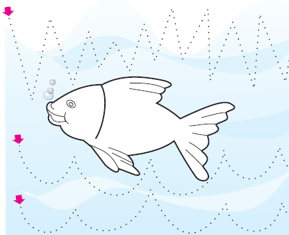 Dotted waves in water and a fish is swimming.