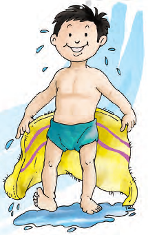 A boy with a towel in his hand. His hand body and hair are wet.