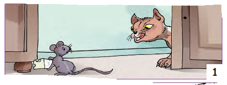 A mouse holding cheese in hits hand is trying to climb a cupboard and a cat is annoyed to see the mouse.