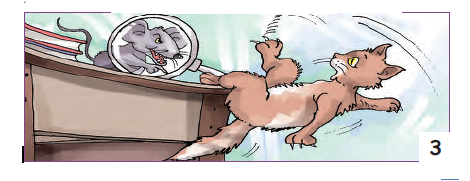 The mouse is sitting on the cupboard and there is a magnifying glass in front of him and the cat is jumping .