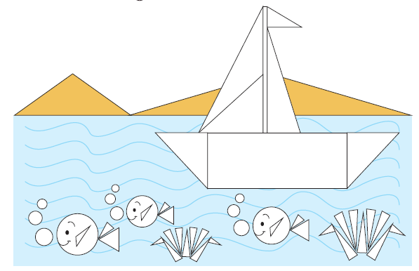A scenery in which there is a boat moving in water. The boat is formed by different triangles and some fish are there in water. Fish are formed by joining circles and  triangles.