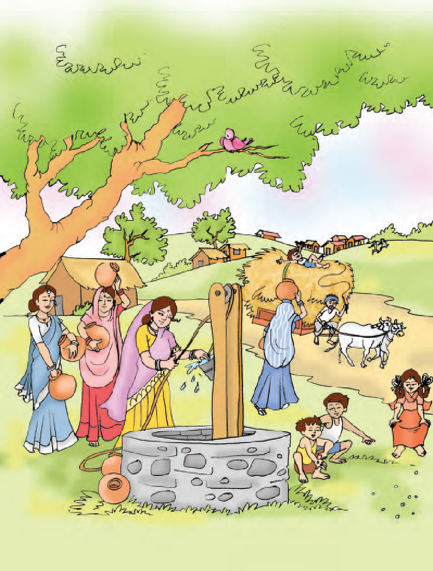 It is a village scene, in which is a tree near a well, a bird is sitting on the top of the tree, few women are drawing water from the well. Near the well, few children are sitting down. Few huts are there away from the well and a bullock cart is also there away from the well.