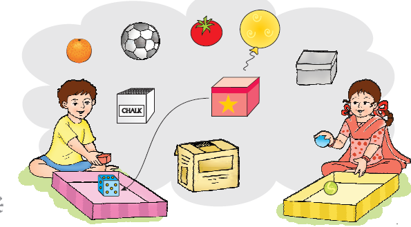 There is a boy sitting on the floor having a box in which he has put a dice and a girl is sitting next to him having a box in which she has put a ball. Different objects are given to be matched with these two shapes like a ball, an orange, a chalk  box, a tomato, a balloon, a small box and a big box.
