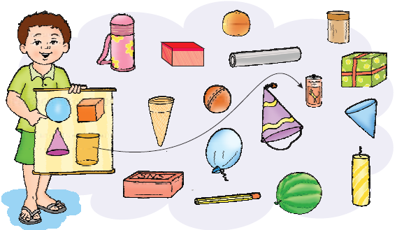 A child is holding a board on which, there is a circle, below which is a cone. In the next column, is a cube and below it is a cylinder. The objects to be matched with these shapes are a flask, an ice cream cone, a brick, a balloon, a ball, a box, a foil paper roll, a birthday cap, a watermelon, an orange, a candle, a tin can, a giftbox and a funnel.
