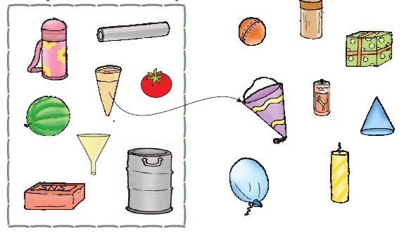 The first column shows a flask, a watermelon, a brick, a silver foil roll, an ice cream cone, a tomato, a funnel and a container. The second column shows a ball, a birthday cap, a balloon, a tin can, a gift box, a candle and a cone.