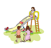 A girl throwing a box down a slide.