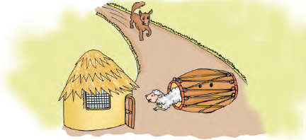 The lamb is coming out of the dholak and running towards his house, the door of which is open. The wolf is running behind the dholak.