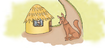 The lamb is inside the house and the wolf is looking from outside.