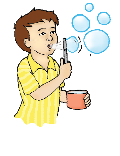 A child is  blowing bubbles from his mouth, bubbles are of different sizes. The ones near to his mouth are bigger and the ones on the top are smaller. The bubble to the top left side is the smallest.