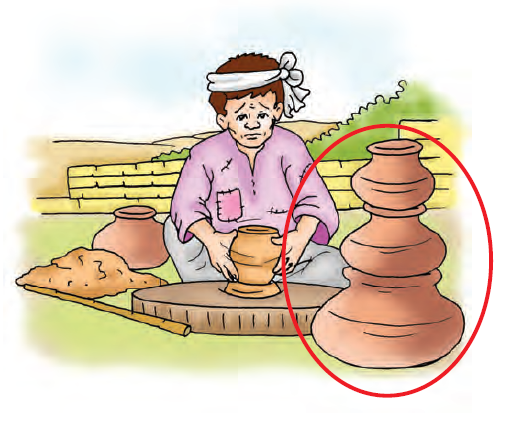 A man is making pots of clay. There are three pots kept near him, lying one on top of the other. The biggest pot is at the bottom, above it is another pot and the smallest one is at the top.