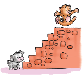 A cat is at the topmost level of a staircase and a dog  standing down is watching the cat.