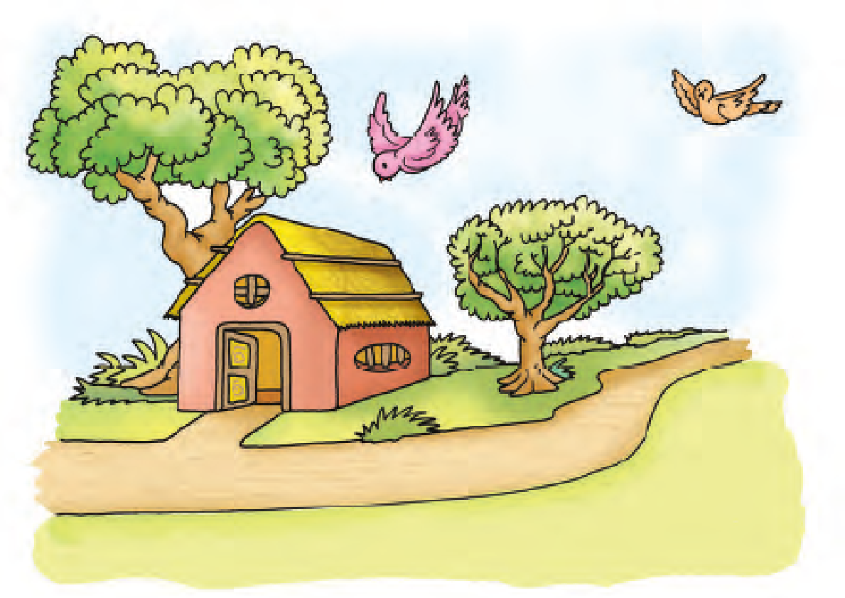 There is a house and two trees. One tree is nearer to the house and the other is little far away from the house. A bird is flying near the house and a smaller bird is flying near the tree away from the house.