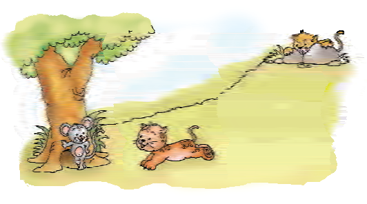 A mouse is sitting near a tree, a cat is running towards the mouse and another cat is siting far away behind a rock.