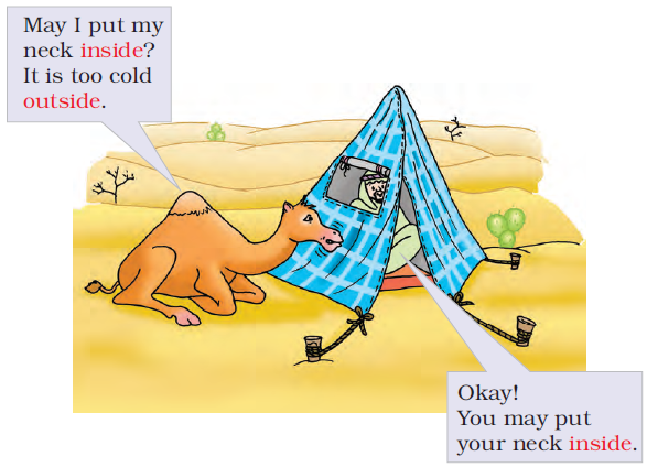 An Arab man is sitting inside a hut like tent and a camel is asking him if he can put his neck inside the tent and the man agrees.