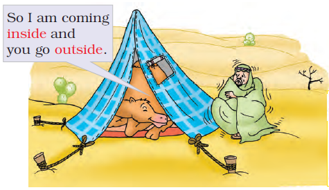 The camel is now sitting inside the hut like tent and the man is sitting outside it.