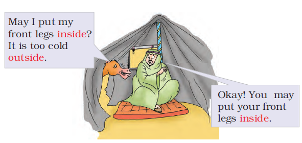 An Arab man is sitting inside a hut like tent and the camel is asking if he can put his front legs inside the tent and the man agrees.