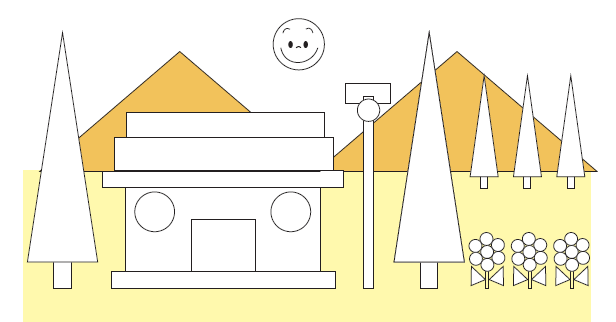 A scenery in which there is a round Sun, some triangle shaped trees, a house formed by rectangles, squares and a circle, a pole formed by a circle, rectangle and flowers.