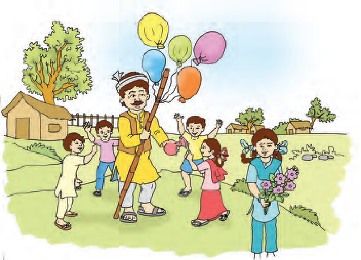 A man is selling balloons, he has five balloons, there are five children around him and one girl is holding five flowers in her hand.