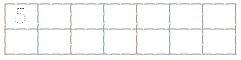 Fourteen empty boxes are given to write number five. In the first box, dots are given, to be joined to trace number five.