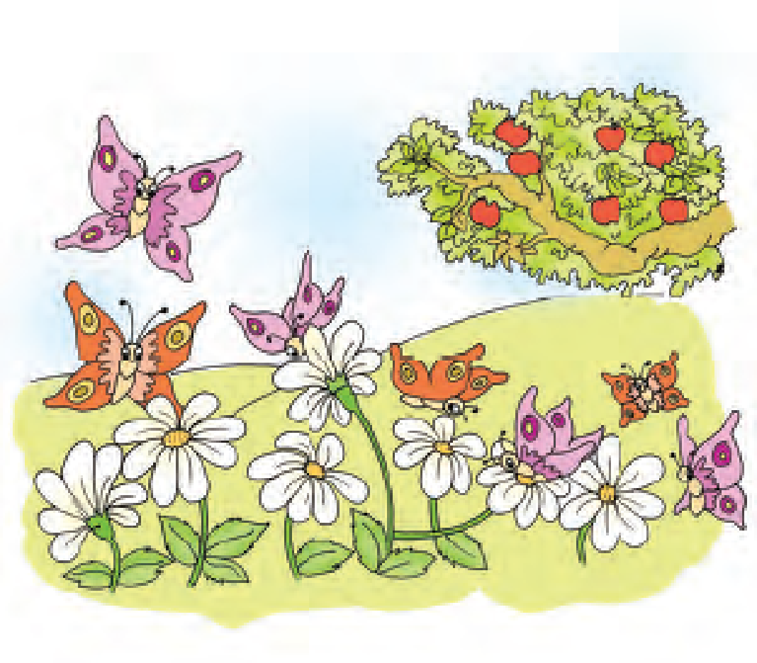 There are seven apples on a tree, seven colorful butterflies are roaming around seven flowers.