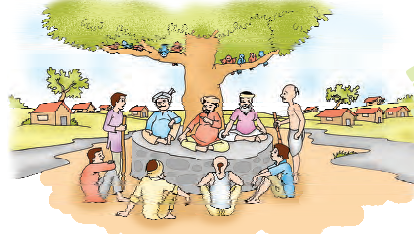 A village in which there are nine huts,  nine birds are sitting on a tree and nine people are sitting under a tree .