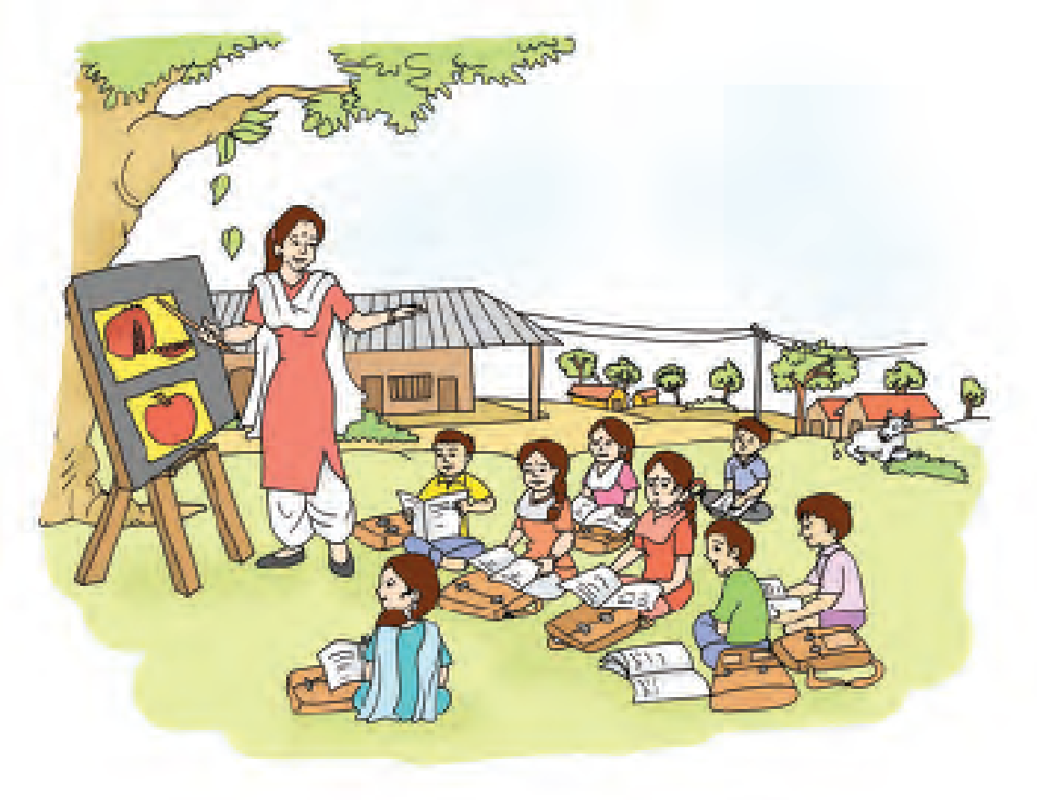 A teacher is teaching eight children, who are sitting with their bags in a ground. There are eight trees and a cow in the ground.