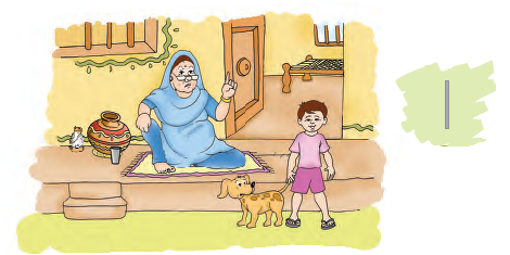 A woman is sitting outside a house, showing her one finger. A pot, a bottle and a glass is lying near her on the floor. Also a boy is standing with a dog.