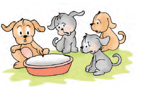 Four pups sitting near an empty bowl.