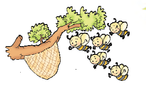 Five honeybees going towards a cone shaped box like structure hanging on a tree, which is called a beehive.