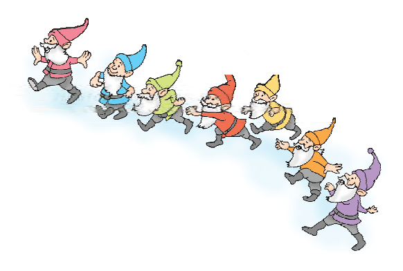 Seven little men having beards and wearing cone shaped caps, are moving together in a row.
