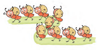 Nine ants walking together.