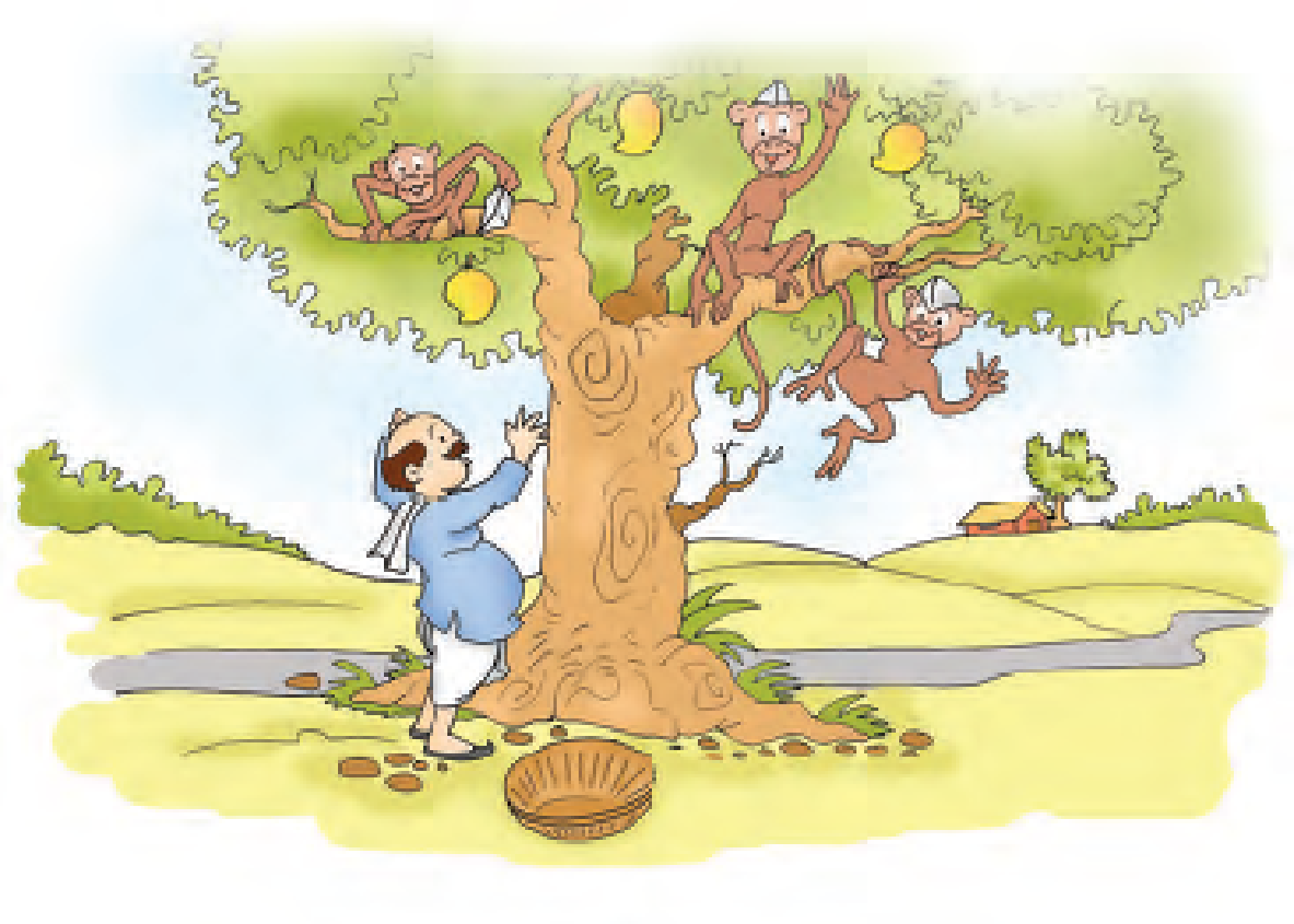 A man is standing near a tree on which there are three mangoes and three monkeys. An empty basket is also kept near the tree.