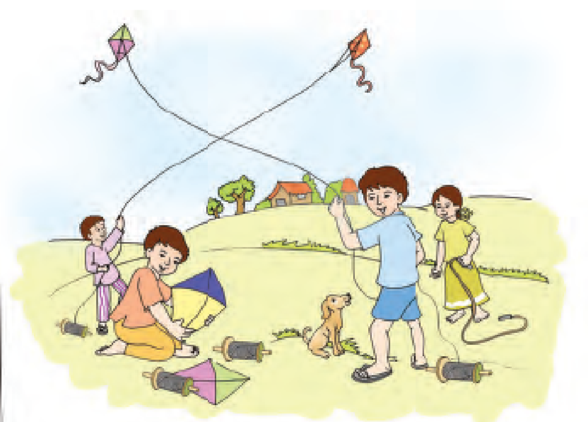 There are two huts, two trees, two boys are flying kites, a roll of thread lies on the ground near each boy, a boy is sitting on the ground to tie knots in his kite, two rolls of thread are kept near him,a dog is also sitting among the children. A girl is standing holding a thread in her hand.