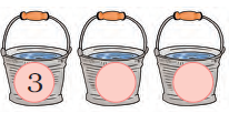 There are three buckets in a row, number three is written on the first one and no numbers are written on the next two buckets.