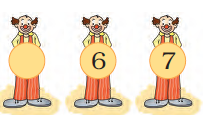 There are three jokers in a row, the first one is holding a blank circle, the second one is holding a circle in his hand, on which number six is written and the third one is holding a circle on which number seven is written.
