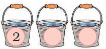 There are three buckets in a row, number two is written on the first one and no numbers are written on the next two buckets.
