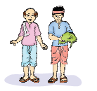 Two men, one of them is holding fodder in his hands.