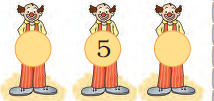 There are three jokers in a row, the first one is holding a blank circle, the second one is holding a circle in his hand, on which number five is written and the third one is holding a blank circle in his hand.