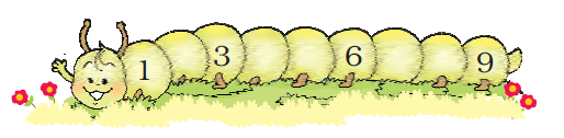 Numbers one, three, six and nine are written in a caterpillar, the remaining numbers in the sequence are missing.