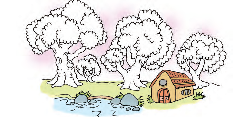 There are three trees near a hut.