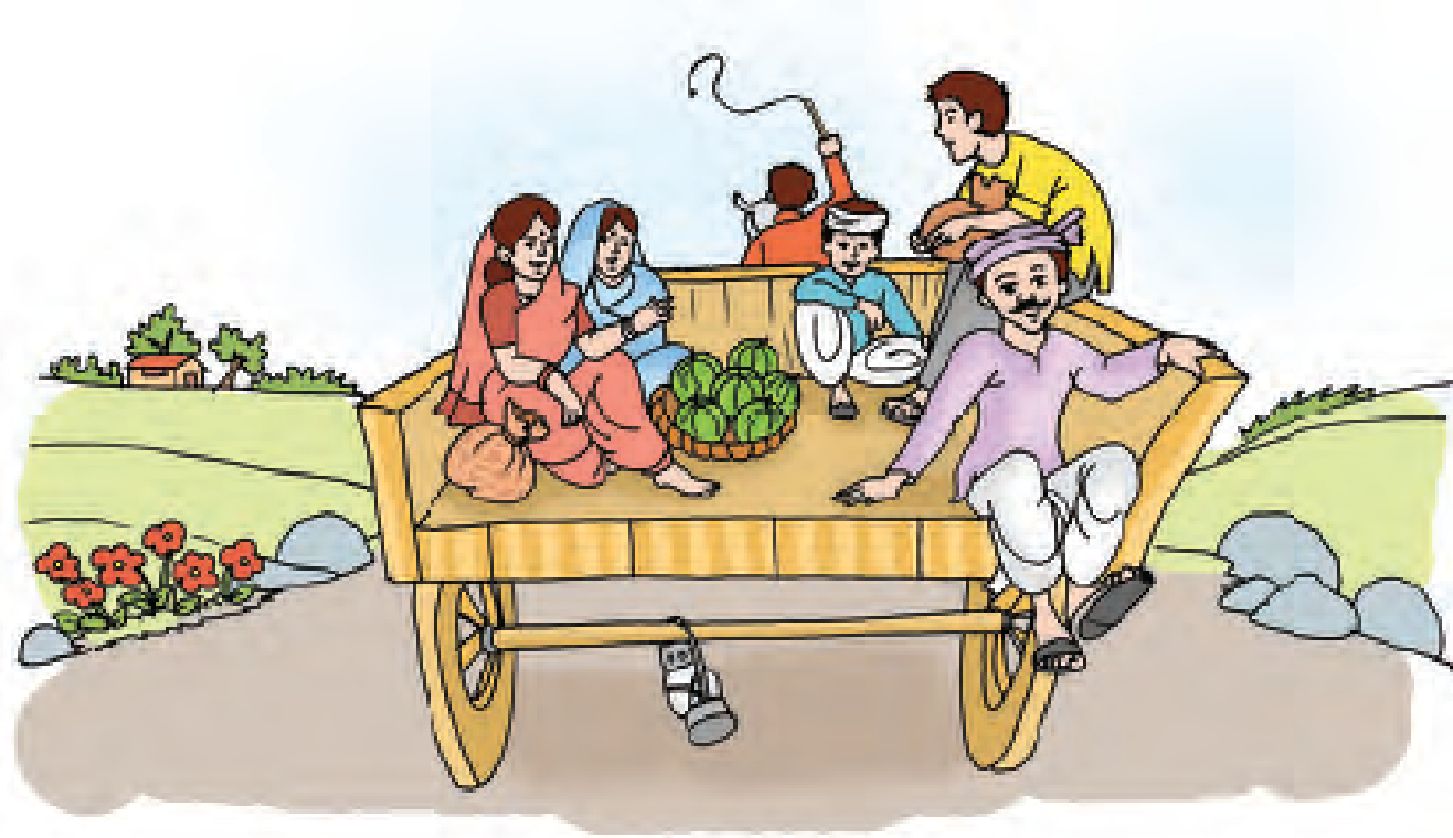 A man is riding a cart and five people are sitting in it. There is also a basket in the cart in which there are five pumpkins.