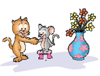The cat and the mouse are standing together holding no flowers in their hands and the pot now has seven flowers.