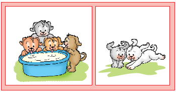Four pups are standing near a bowl of milk and two more pups are running towards it.