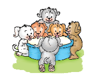 Six pups are standing near the bowl of milk.