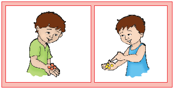 A boy is having four candies in his hand and another boy is also having four candies in his hand.
