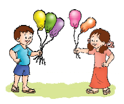A girl is holding three balloons in his hand and a girl is holding two balloons in her hand. 