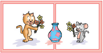 There is a pot lying in the middle. On its one side, there is a cat holding four flowrs in her hand amd on the other side of the pot, a mouse is stnading holding three flowers in his hand.