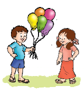 A boy is holding five balloons in his hand and a girl is standing empty handed.