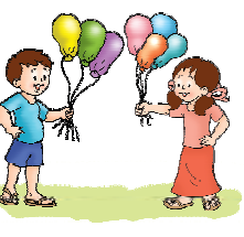 A boy is holding three balloons in his hand and a girl is holding four balloons in her hand.